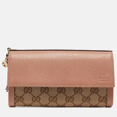 Pre-owned Gucci Beige/brown Gg Canvas And Leather Interlocking G Flap Wallet