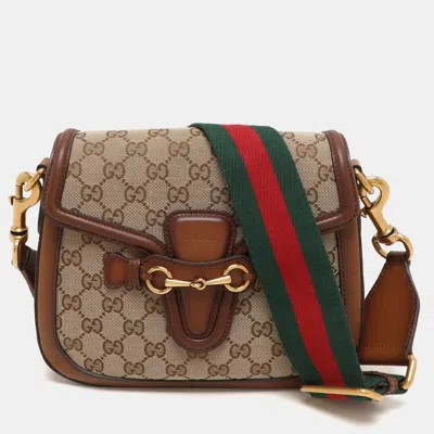 Pre-owned Gucci Beige/brown Gg Canvas And Leather Lady Web Flap Crossbody Bag In Sand