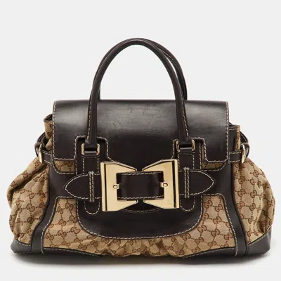 Pre-owned Gucci Beige/brown Gg Canvas And Leather Large Dialux Queen Tote In Sand