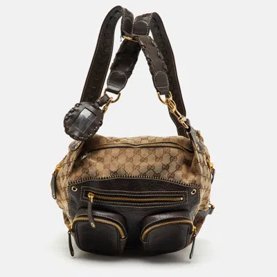 Pre-owned Gucci Beige/brown Gg Canvas And Leather Medium Darwin Convertible Backpack In Sand