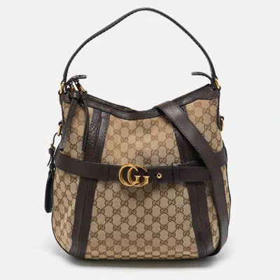 Pre-owned Gucci Beige/brown Gg Canvas And Leather Medium Gg Running Hobo