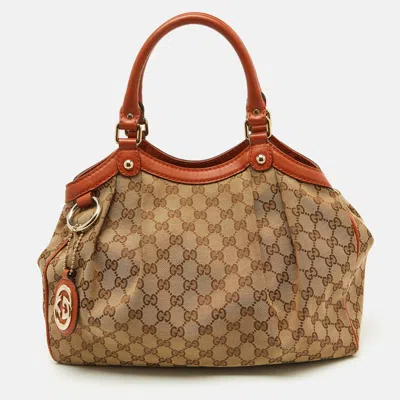 Pre-owned Gucci Beige/brown Gg Canvas And Leather Medium Sukey Tote