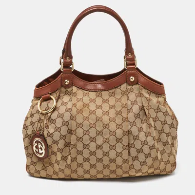 Pre-owned Gucci Beige/brown Gg Canvas And Leather Medium Sukey Tote