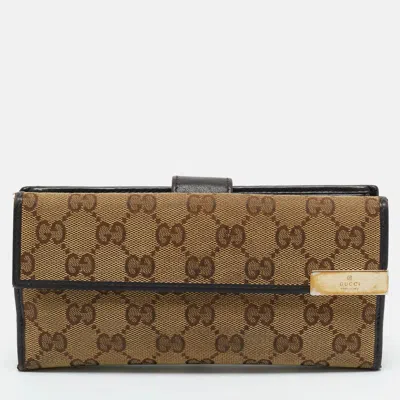Pre-owned Gucci Beige/brown Gg Canvas And Leather Metal Flap Continental Wallet In Sand