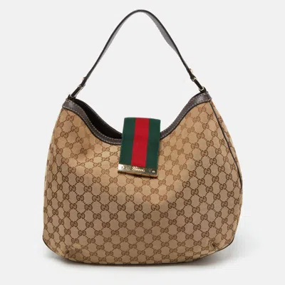 Pre-owned Gucci Beige/brown Gg Canvas And Leather New Ladies Web Hobo