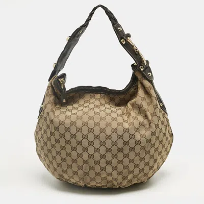 Pre-owned Gucci Beige/brown Gg Canvas And Leather Pelham Hobo In Sand