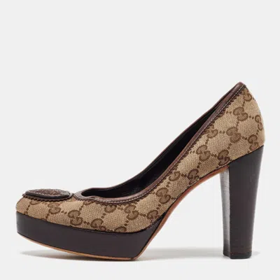 Pre-owned Gucci Beige/brown Gg Canvas And Leather Platform Pumps Size 38.5
