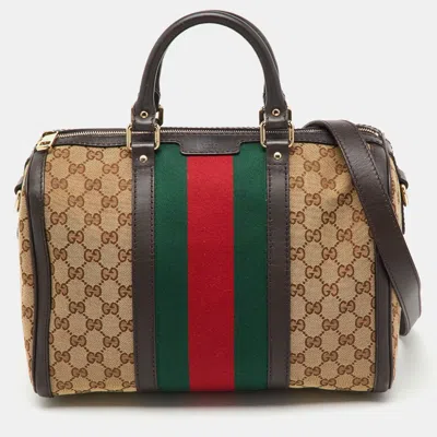 Pre-owned Gucci Beige/brown Gg Canvas And Leather Vintage Web Medium Joy Boston Bag In Sand