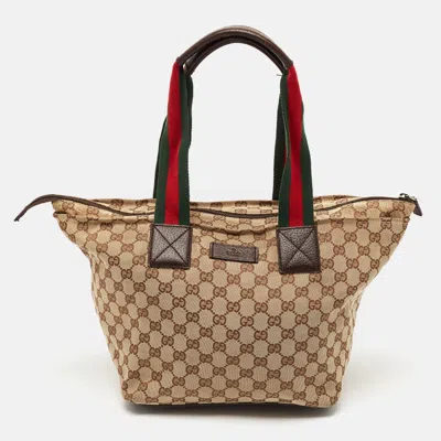 Pre-owned Gucci Beige/brown Gg Canvas And Leather Web Handle Tote