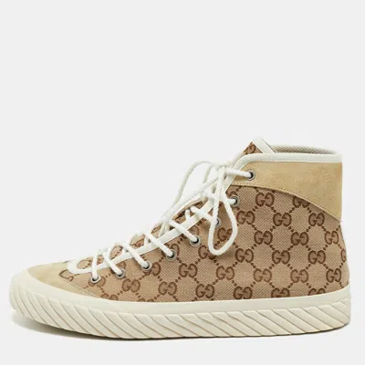 Pre-owned Gucci Beige/brown Gg Canvas And Suede Tortuga High Top Sneakers Size 42 In Sand