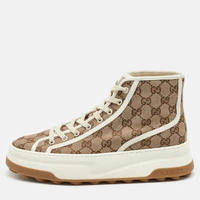 Pre-owned Gucci Beige/brown Gg Canvas Tennis 1977 High Top Sneakers Size 41.5 In Sand
