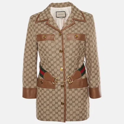 Pre-owned Gucci Beige/brown Gg Canvas Web Belt Detail Jacket M In Sand
