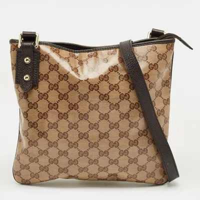 Pre-owned Gucci Beige/brown Gg Crystal Canvas And Leather Flat Messenger Bag In Sand