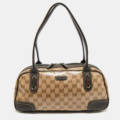 Pre-owned Gucci Beige/brown Gg Crystal Canvas And Leather Princy Boston Bag In Sand