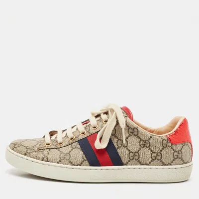 Pre-owned Gucci Beige/brown Gg Supreme Canvas Ace Low Top Sneakers Size 37
