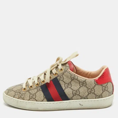 Pre-owned Gucci Beige/brown Gg Supreme Canvas Ace Trainers Size 34