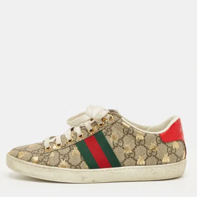 Pre-owned Gucci Beige/brown Gg Supreme Canvas Ace Sneakers Size 35.5 In Sand
