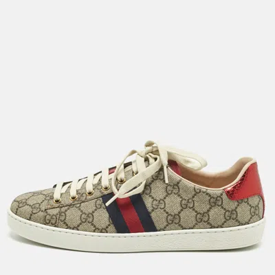 Pre-owned Gucci Beige/brown Gg Supreme Canvas Ace Sneakers Size 42 In Sand