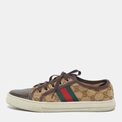Pre-owned Gucci Beige/brown Gg Supreme Canvas Ace Web Low Top Sneakers Size 37