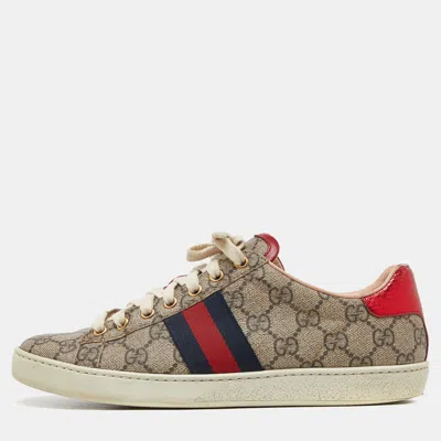 Pre-owned Gucci Beige/brown Gg Supreme Canvas Ace Web Sneakers Size 38