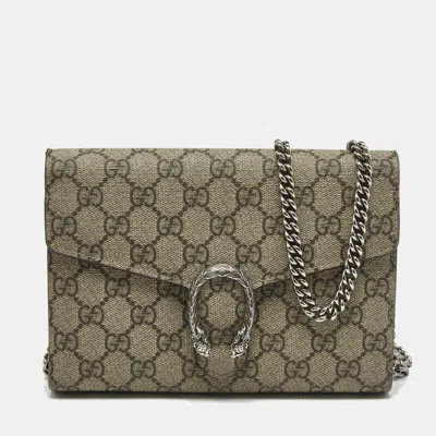 Pre-owned Gucci Beige/brown Gg Supreme Canvas And Leather Dionysus Wallet On Chain In Sand