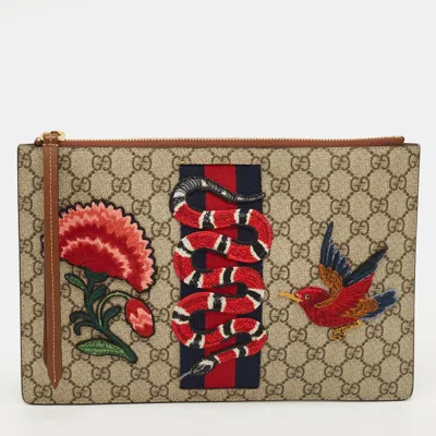 Pre-owned Gucci Beige/brown Gg Supreme Canvas And Leather Embroidered Patches Pouch In Sand