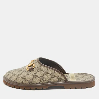 Pre-owned Gucci Beige/brown Gg Supreme Canvas And Leather Flat Mules Size 42.5