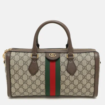 Pre-owned Gucci Beige/brown Gg Supreme Canvas And Leather Medium Ophidia Boston Bag In Sand
