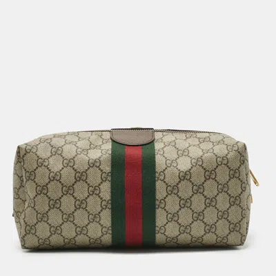 Pre-owned Gucci Beige/brown Gg Supreme Canvas And Leather Medium Savoy Toiletry Case In Sand