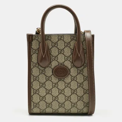 Pre-owned Gucci Beige/brown Gg Supreme Canvas And Leather Mini Interlocking G Tote In Sand