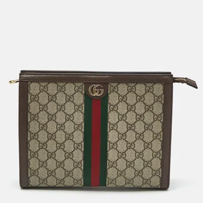 Pre-owned Gucci Beige/brown Gg Supreme Canvas And Leather Ophidia Pouch