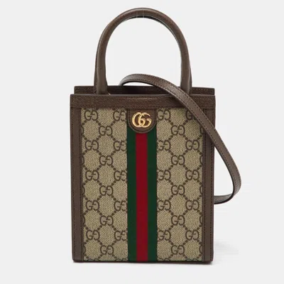 Pre-owned Gucci Beige/brown Gg Supreme Canvas And Leather Ophidia Super Mini Bag In Sand