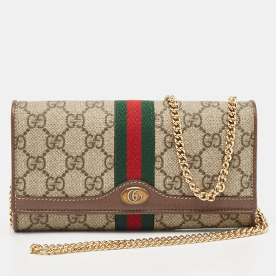 Pre-owned Gucci Beige/brown Gg Supreme Canvas And Leather Ophidia Wallet On Chain