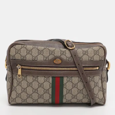 Pre-owned Gucci Beige/brown Gg Supreme Canvas And Leather Small Ophidia Crossbody Bag In Sand