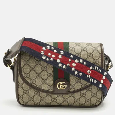 Pre-owned Gucci Beige/brown Gg Supreme Canvas And Leather Small Ophidia Shoulder Bag In Sand
