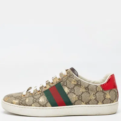 Pre-owned Gucci Beige/brown Gg Supreme Canvas Bee Ace Sneakers Size 36.5