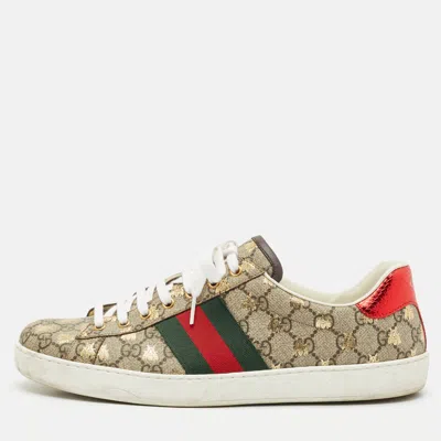 Pre-owned Gucci Beige/brown Gg Supreme Canvas Bee Ace Sneakers Size 45.5 In Sand