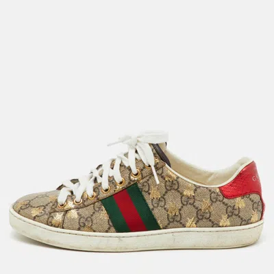 Pre-owned Gucci Beige/brown Gg Supreme Canvas Bee Web Ace Sneakers Size 37.5