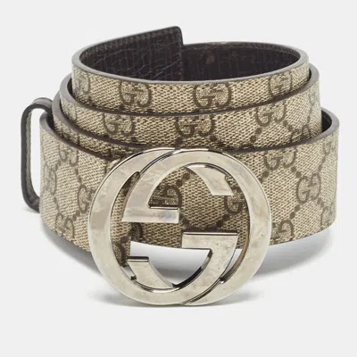 Pre-owned Gucci Beige/brown Gg Supreme Canvas Interlocking G Buckle Belt 100cm