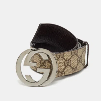 Pre-owned Gucci Beige/brown Gg Supreme Canvas Interlocking G Buckle Belt 90cm In Sand