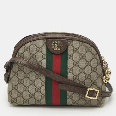 Pre-owned Gucci Beige/brown Gg Supreme Canvas Small Web Ophidia Shoulder Bag In Sand