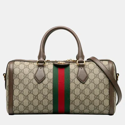 Pre-owned Gucci Beige/brown Gg Supreme Ophidia Web Satchel