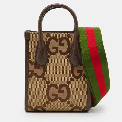 Pre-owned Gucci Beige/brown Jumbo Gg Canvas And Leather Mini Vertical Tote In Sand