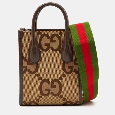 Pre-owned Gucci Beige/brown Jumbo Gg Canvas And Leather Mini Vertical Tote In Sand