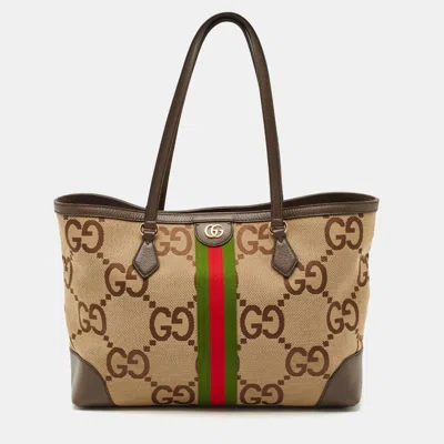 Pre-owned Gucci Beige/brown Jumbo Gg Canvas Medium Ophidia Tote