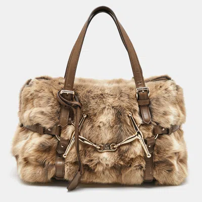 Pre-owned Gucci Beige/brown Leather And Rabbit Fur 85th Anniversary Handle Bag