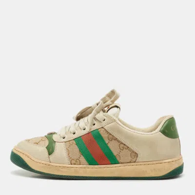 Pre-owned Gucci Beige/brown Nubuck Leather And Gg Canvas Screener Sneakers Size 39.5 In Gray