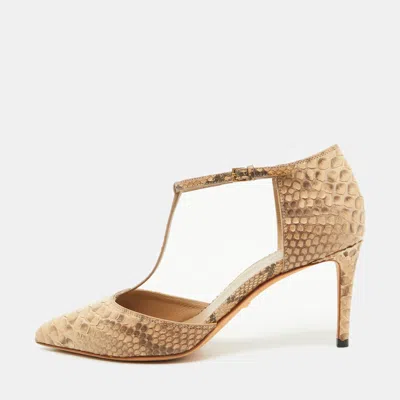 Pre-owned Gucci Beige/brown Python Pointed Toe T-strap Pumps Size 36.5