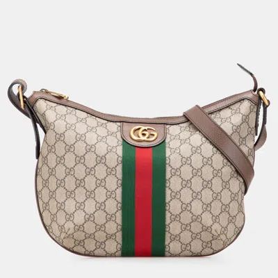 Pre-owned Gucci Beige/brown Small Gg Supreme Web Ophidia Half Moon Crossbody Bag