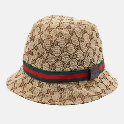 Pre-owned Gucci Beige/brown Web Detail Gg Canvas Bucket Hat M In Sand